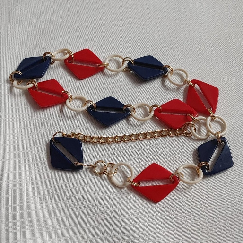 Vintage Belt Geometric Metal Chain RED WHITE BLUE 70s 80s RETRO